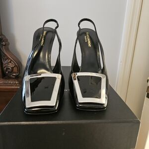 Saint Laurent, size 41 (11), Black square toe pump with silver buckle